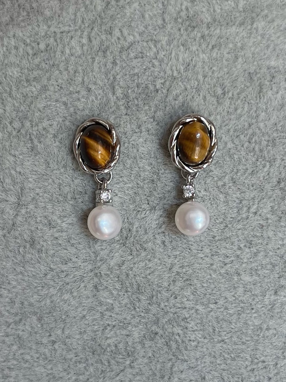 Tiger's Eye and Natural Pearl Drop Earrings - 925 silver posts